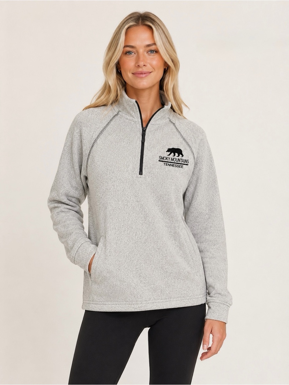 Smoky Mountains Tennessee Heather Gray Quarter Zip Pullover Embroidered Fleece S